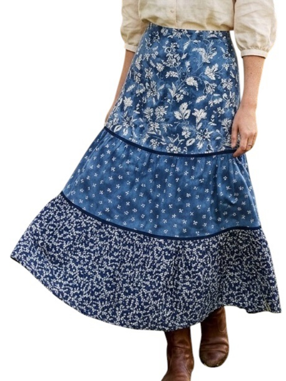 Gap Blue Floral Patchwork Boho Cottagecore Tiered Midi Skirt Small